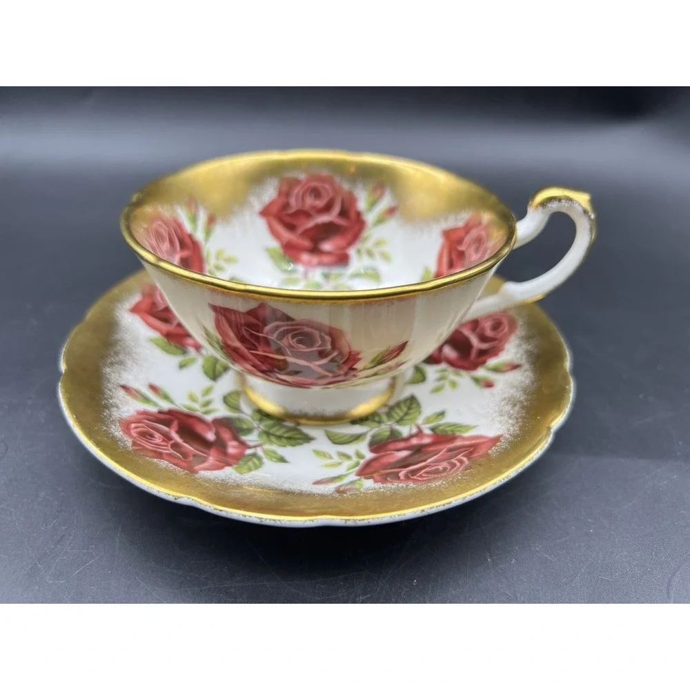 Vintage Paragon Floating Red Roses Gilded Tea Cup and Saucer England